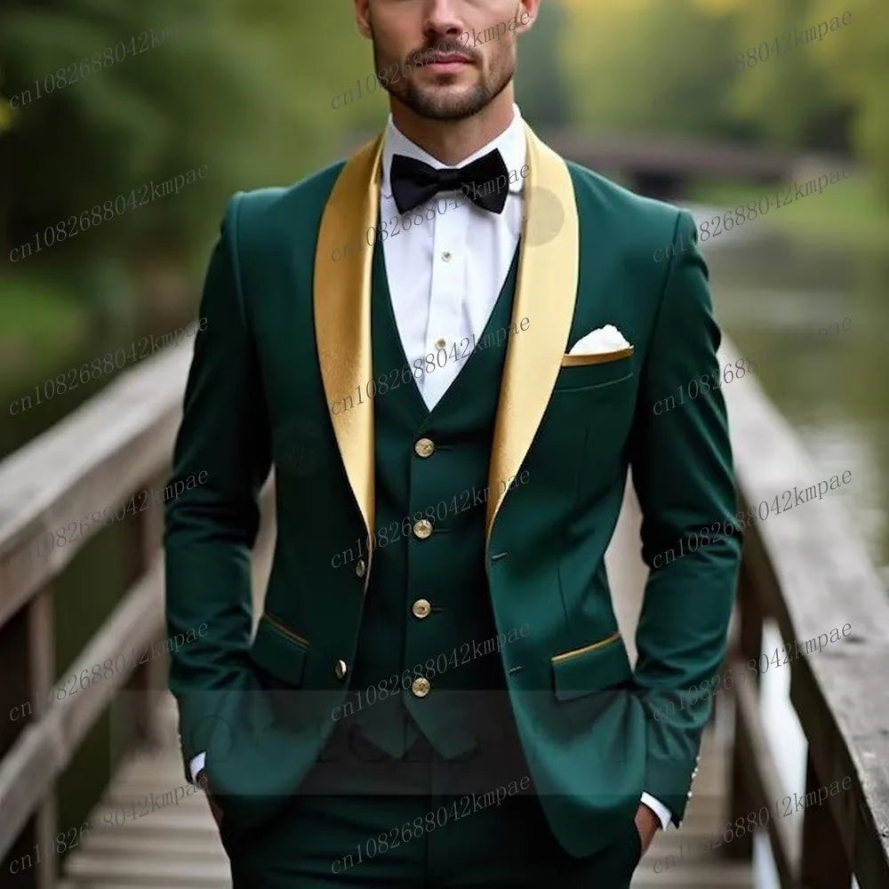 New Gold And Dark Green Business Formal Men Suit Groom Groomsman Wedding Party Prom Male Tuxedos 3 Piece Set Blazer Vest Pants