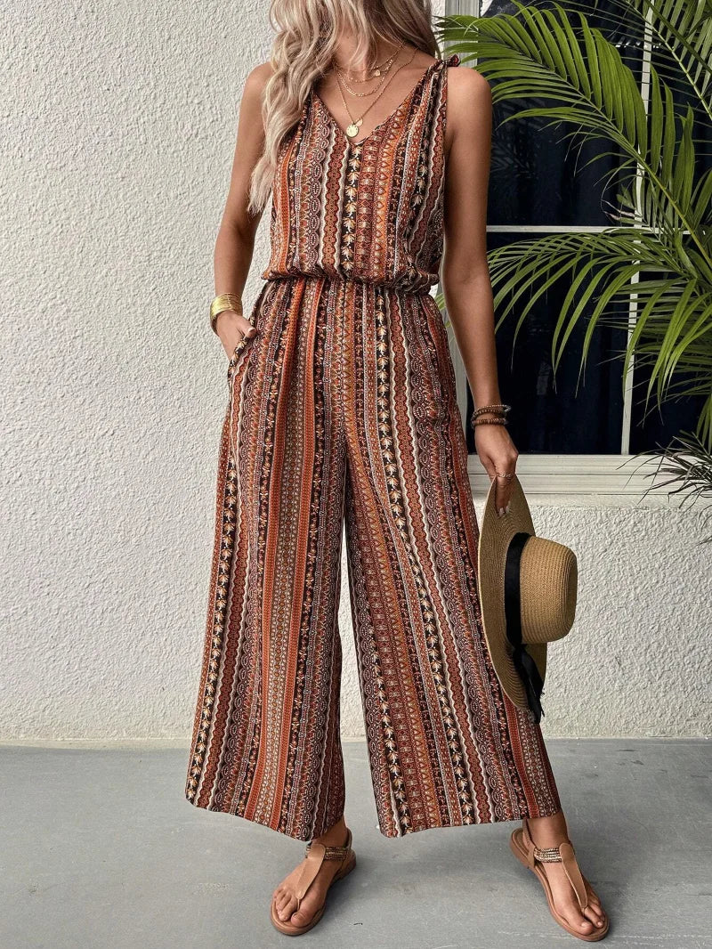 Women's Striped Print Jumpsuit - Sleeveless Romper with Elastic Waist, Summer Casual Wide Leg Pantsuit