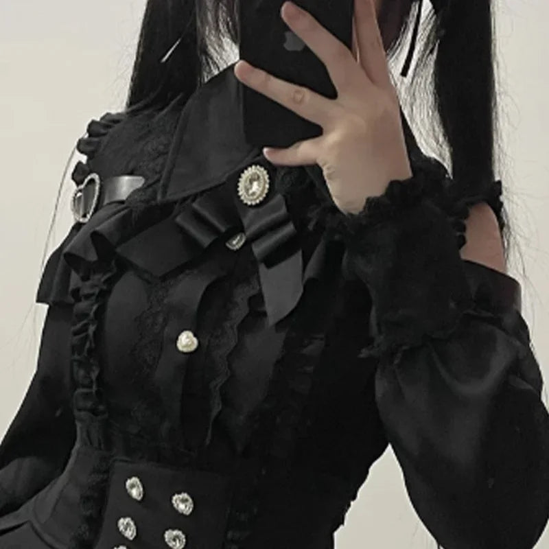Kawaii Off Shoulder Long Sleeve Shirts Women Black Short Skirt Set Y2K Gothic Ruffle Skirts Lace Lolita Shirt Gown Suit 