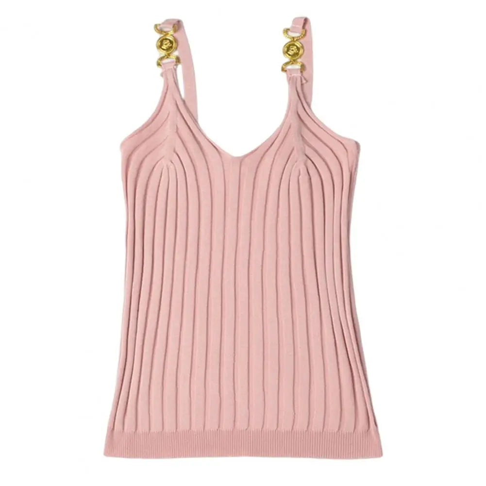 Women's Vest Solid Color Metal V Neck Backless Sleeveless Daily Wear Slim Striped Women's Summer Vest Women's Camisole Tops