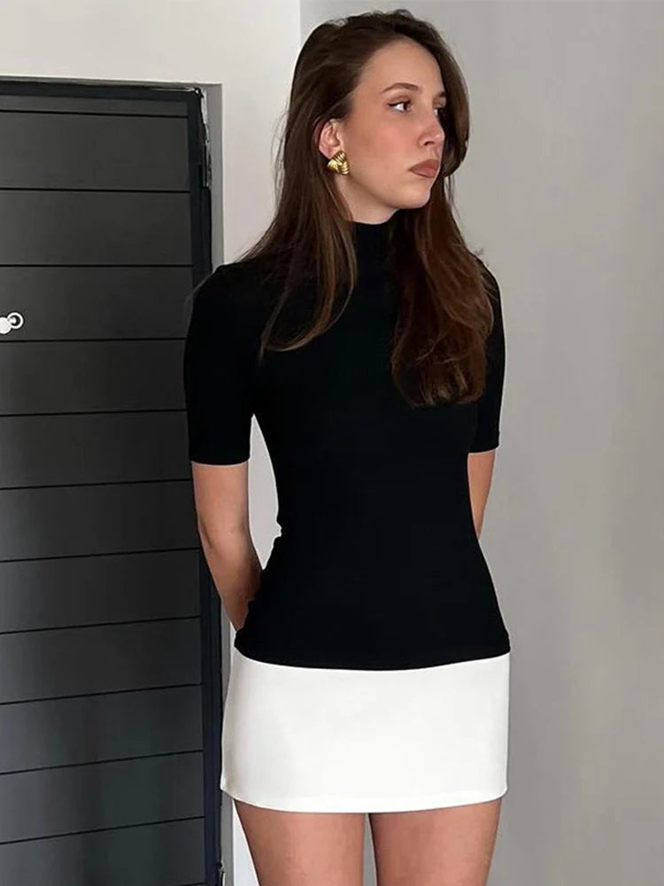 Summer 2025 Turtleneck Half Sleeve Mini Dresses French Style Fashion Elegant Black And White Patchwork Bodycon Dress