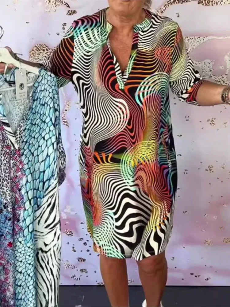 Elegant Printed V-neck Mid-sleeve Dress For Women New Summer Fahsion Casual Loose Office Holiday Party Dresses Women Clothe