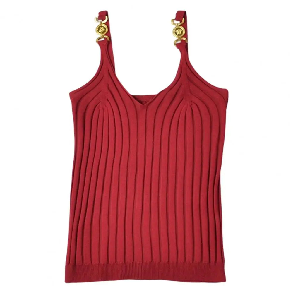 Women's Vest Solid Color Metal V Neck Backless Sleeveless Daily Wear Slim Striped Women's Summer Vest Women's Camisole Tops