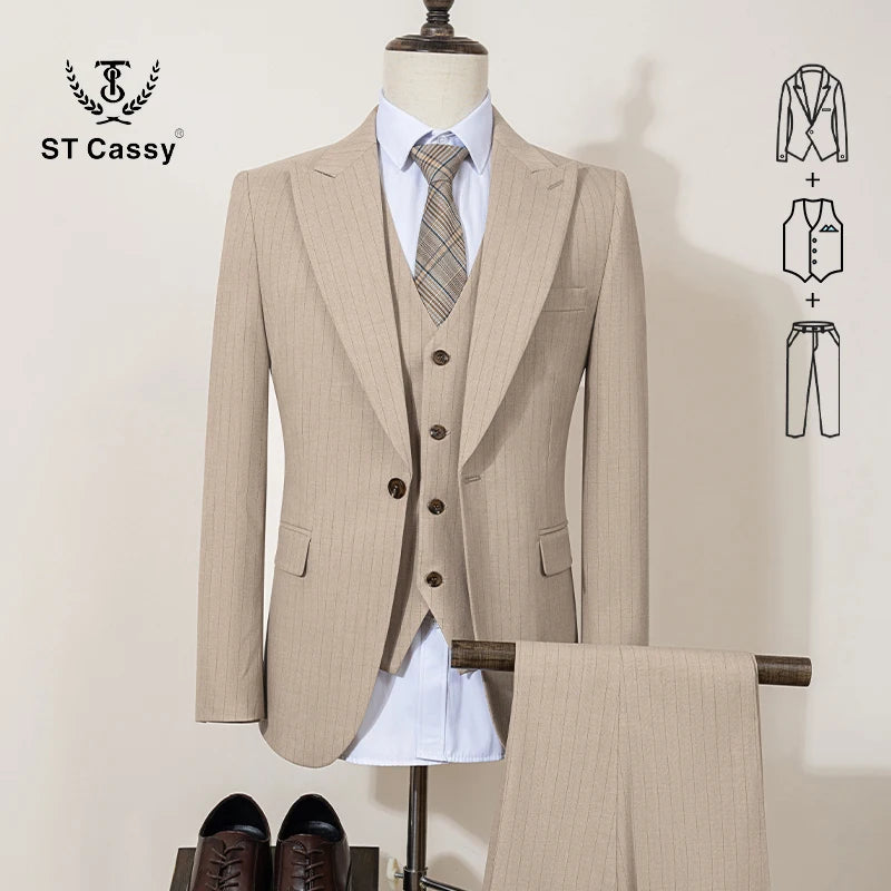 ST Cassy 高品質ブラックストライプスーツ スリムフィット 豪華でエレガントなメンズビジネススーツ 結婚式ファッション服 3点セット