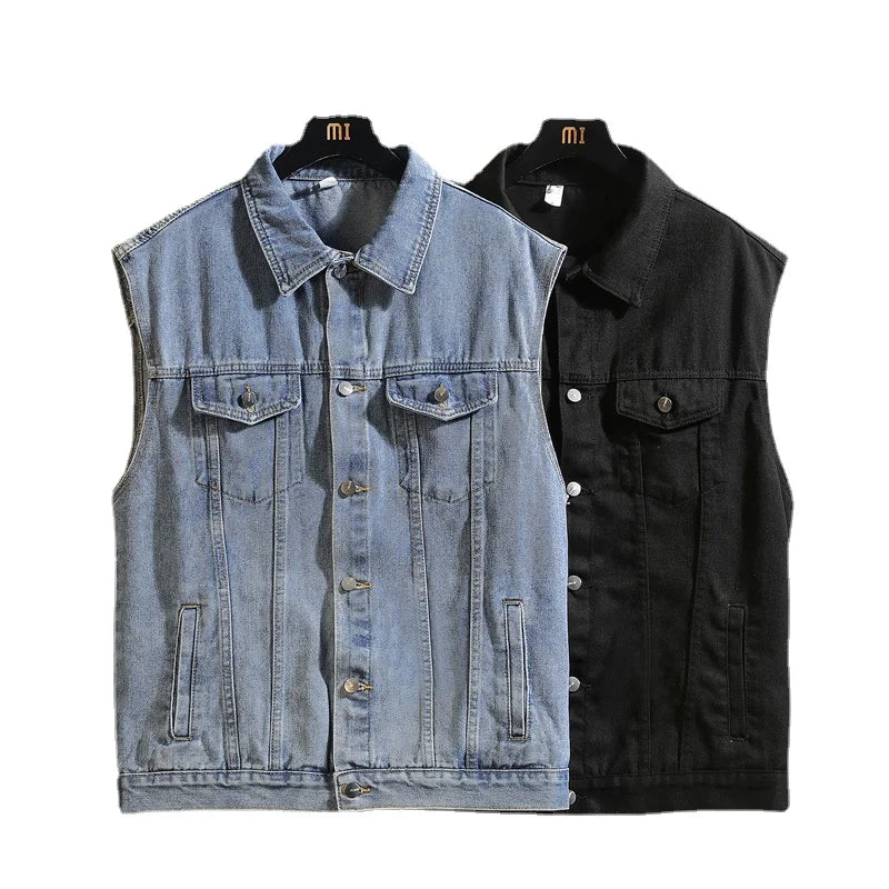 2025 Men's Spring/Summer Autumn Denim Vest Jacket Teenagers Black Leisure Hooded Vests Coat Plus Size Waistcoat M-5XL
