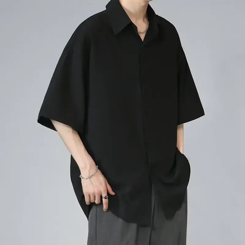 Men's Ice Silk Short Sleeve Shirt Casual Loose Fit Korean Style Trendy Black Shirt For Summer Thin Sleeve Casual