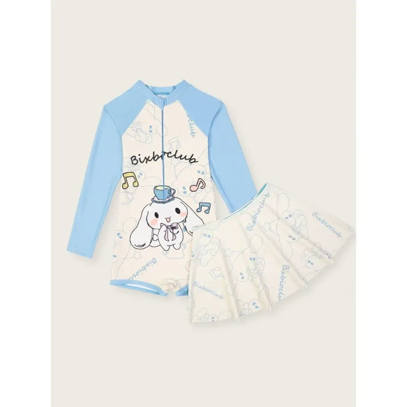 Kawaii cinnamoroll Girl Swimsuit Sanrio Anime 2024 new Summer Children Long Sleeve Bathing Suit Fashion One Piece Swimwear gifts