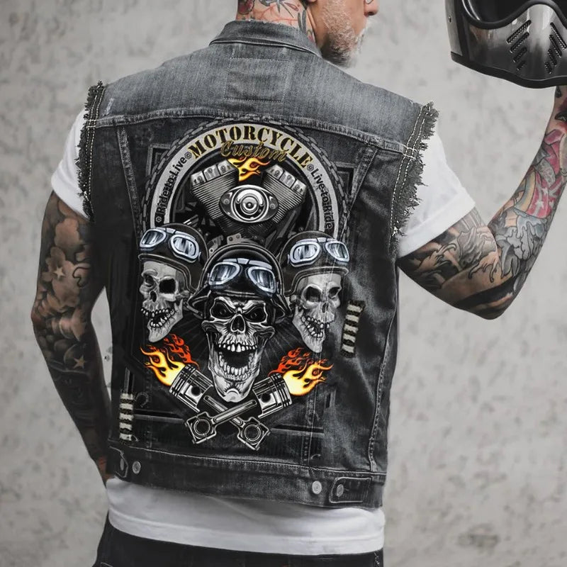 2024 new men's denim jacket retro fashion motorcycle sleeveless denim jacket high street handsome motorcycle vest men's clothing