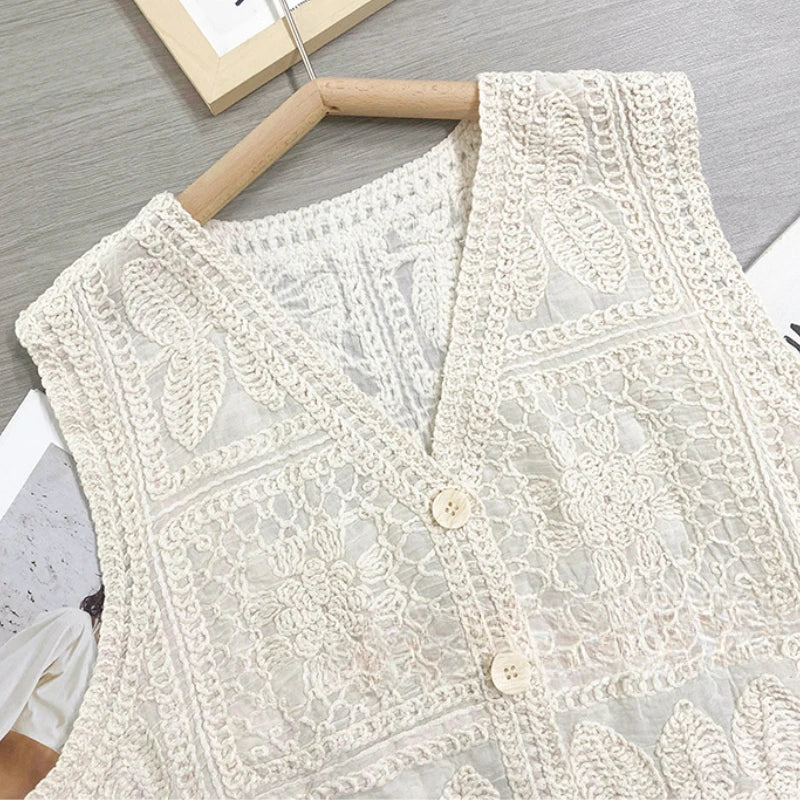 Vintage Cotton Sleeveless Crochet Vests Jackets For Women Tank Tops Summer Loose Boho Beach Cover Up Casual Women's Blusas