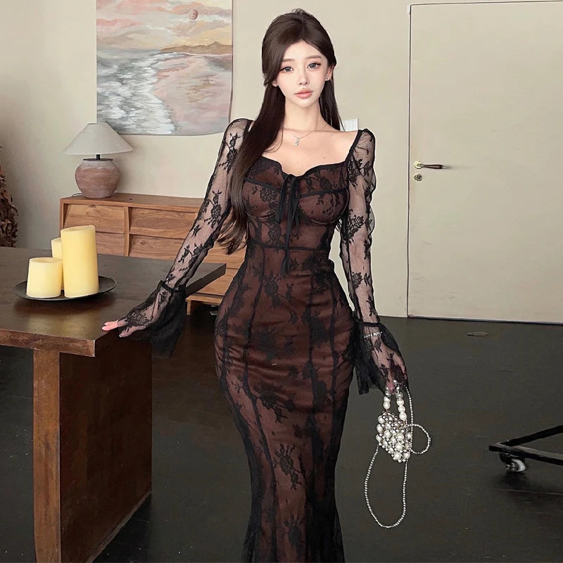 Ezgaga Party Dresses Women Vintage Sexy Lace Patchwork Flare Long Sleeve Bandage Backless Slim Elegant Mermaid Dress Female