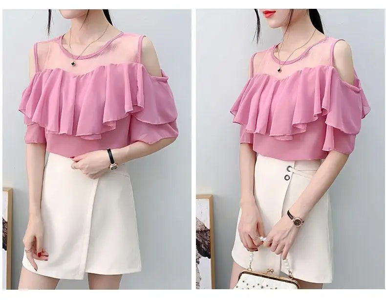 Off Shoulder Sexy Chiffon Blouses Women 2025 Summer Korean Fashion Clothes Ruffles Slim Sweet Ladies Casual Lace Tops Shirts Y2k