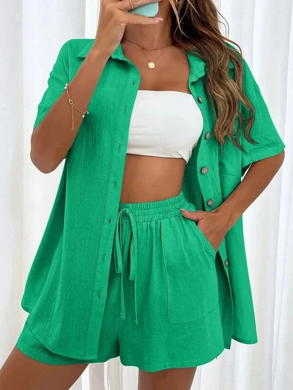 Long Sleeve Single breasted Top Broad legged Shorts Set Fashion Ladies Sexy Solid Suits 2024 Summer 2 Piece Outfits For Women