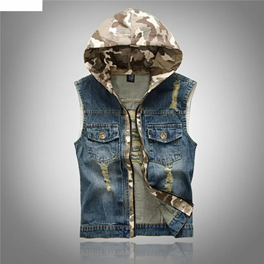 New Men's Korean Style Vest Fashion Slim Camouflage Hooded Waistcoat Casual Sport Denim Vest Sleeveless Jackets for Men 5XL