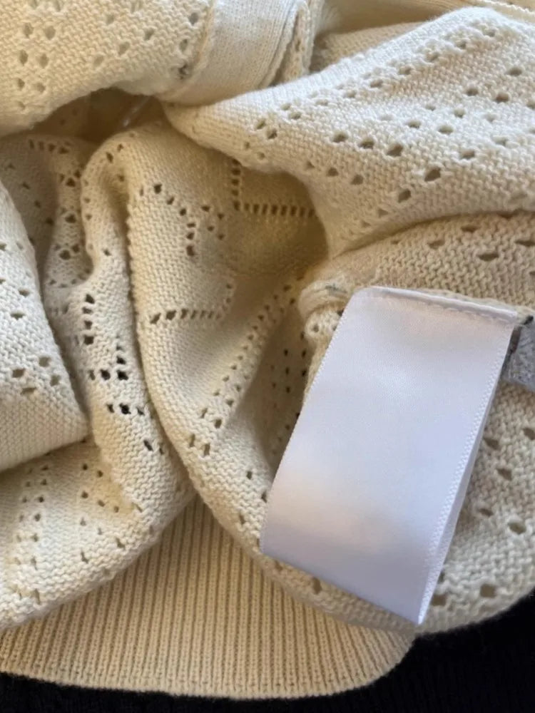 2025 Knitted Love Hollow Out Cardigans Women Summer Puff Sleeve Cropped Sweater Korean Single Breasted Fashion Woman Clothes