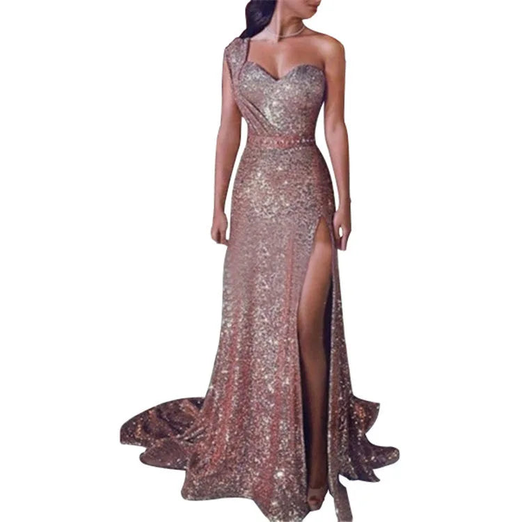 Wedding Party Dress Female Evening Elegant Sexy Deep V Neck One Shoulder Sleeveless Sequined Long Maxi Dresses For Women 2023