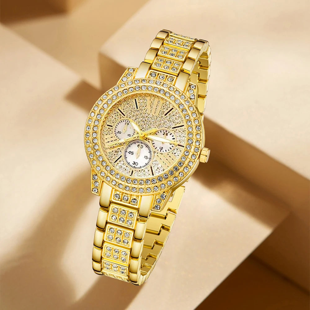 Women's Quartz Watch Gold Luxury Women Ring Necklace Earring Rhinestone Fashion Wristwatch Casual Ladies Watches Jewelry Set 