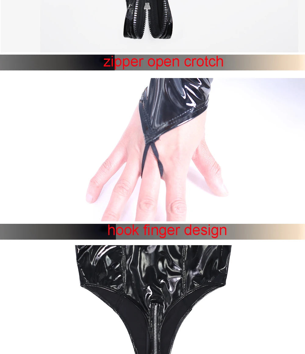 Shiny Faux PU Leather Zipper Open Crotch Bodysuit Wet Look PVC Catsuit Tight Sexy Body Teddies High Cut Swimsuit Leotard Unitard