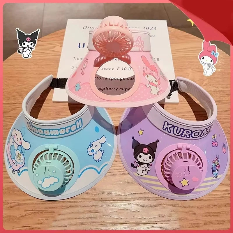 New Cute Kuromi Kids Sun Hat with Cooling Fan Summer Breathable Uv Protection Cap for Boys Girls Outdoor Play Wide Brim Visor