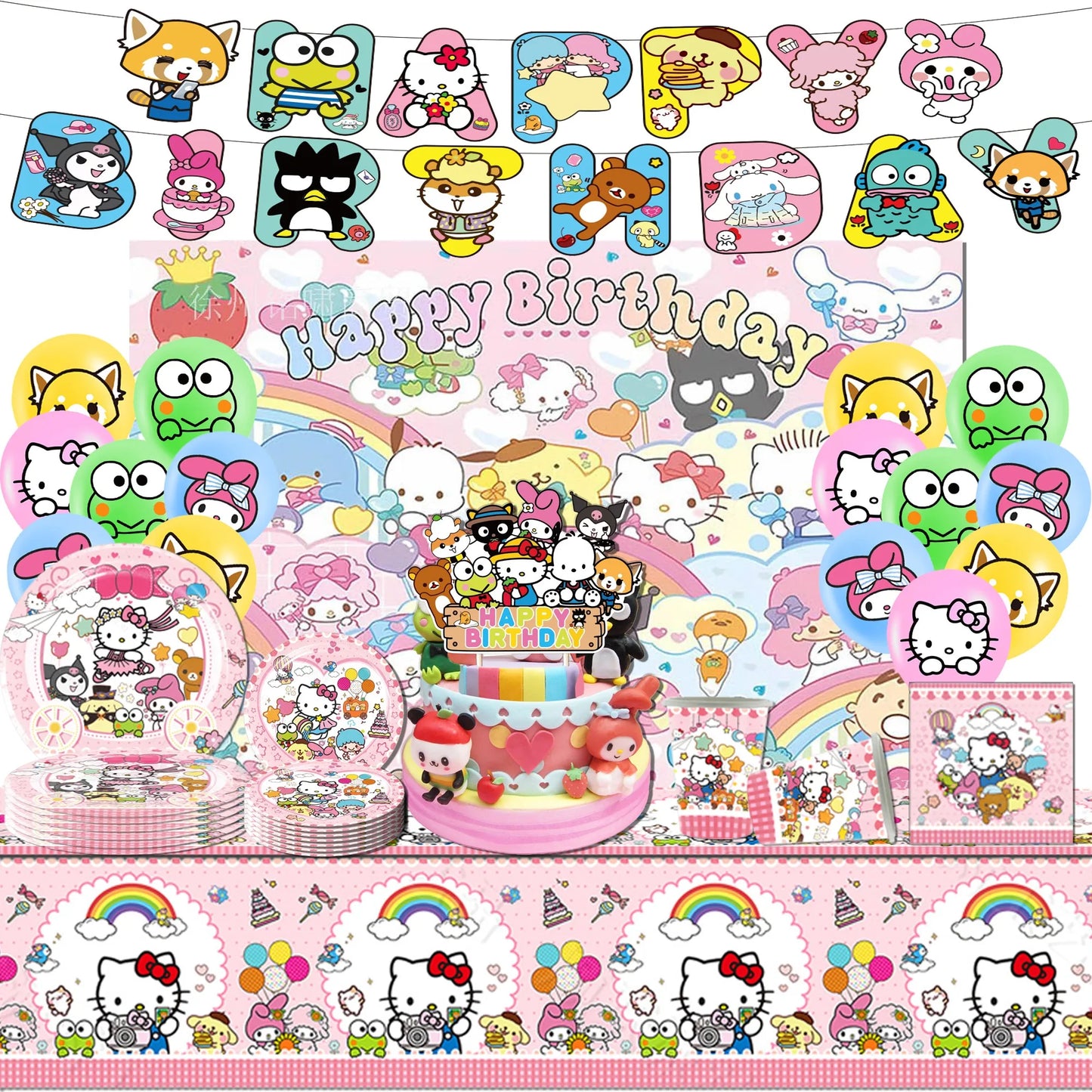 kawaii Sanrio Birthday Party cutlery plate Disposable Banner Cake Topper Hanging Flag Hello Kitty Balloons Birthday Decorations