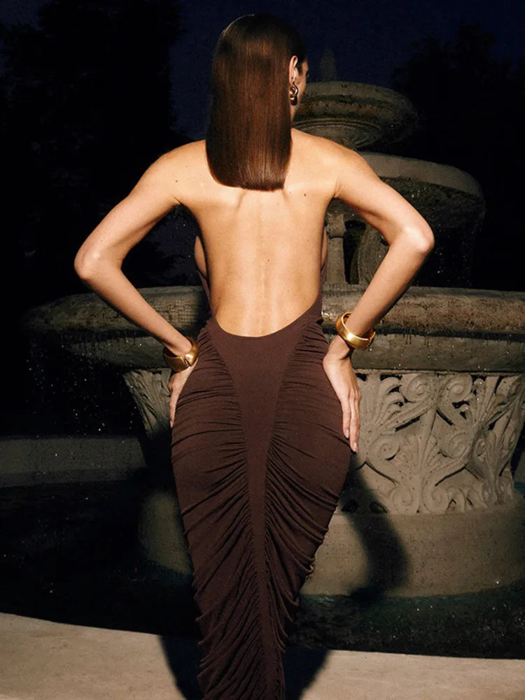 Mozision Turtleneck Backless Ruched Sexy Maxi Dress Women Brown Off-shoulder Backless Bodycon Club Party Long Dresses Female