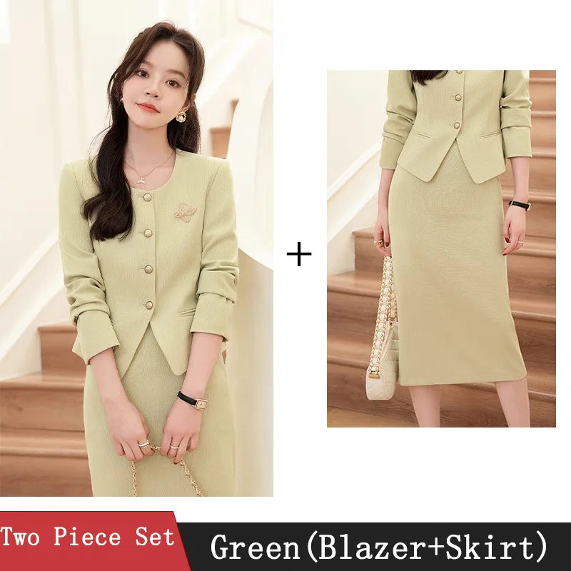 Spring Summer Long Sleeve Women Business Work Wear Suits with Skirt and Tops Formal Professional Office OL Styles Dress Sets