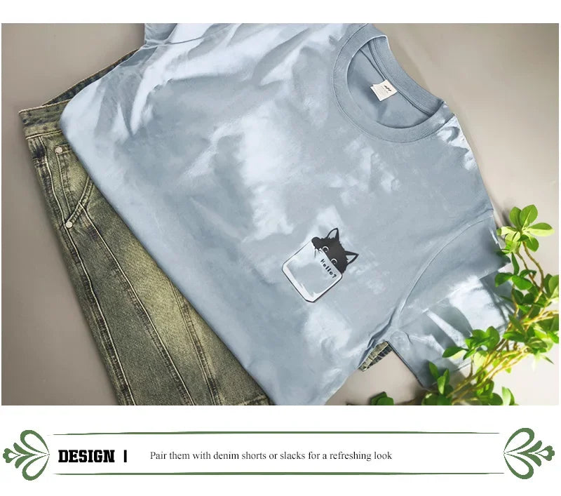 2024 Summer New Pure Cotton Cat Printed Men T-shirts Short Sleeve Casual Solid Color Simple Thin Men Tops BOK0121