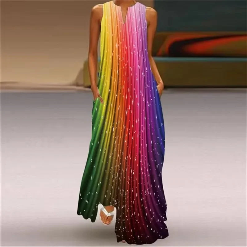 Spring Summer Long Dress Womens Long Casual Party Dresses Women Clothing Casual A-Line Printing V-Neck Pockets Maxi Dress Autumn