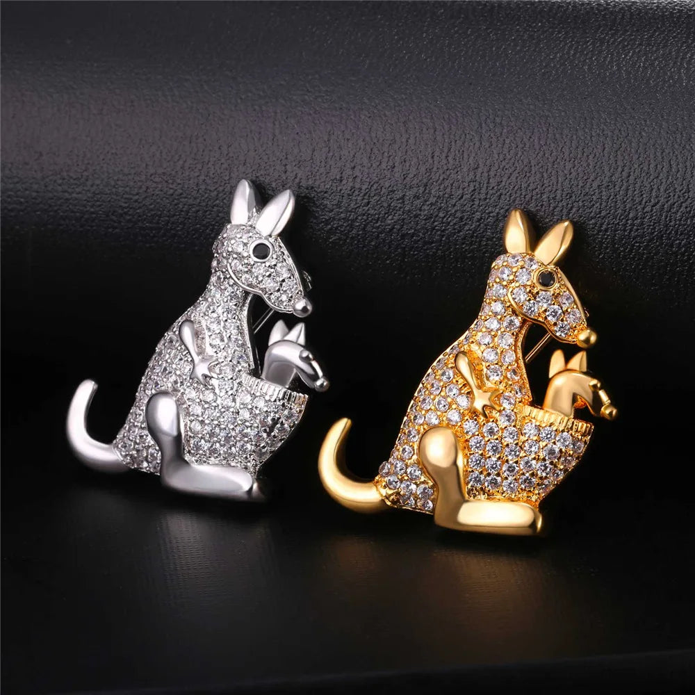 Clear White CZ Kangaroo Mother and Child Brooches Pin for Woman Cubic Zirconia Pave Setting Luxury Style Jewelry Gift for Her