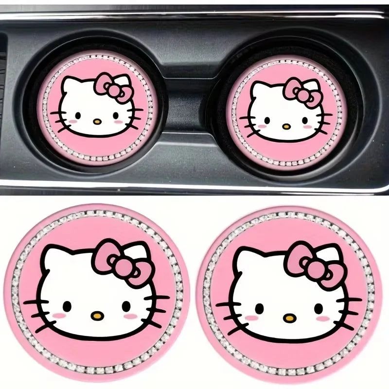 2pcs Kawaii Sanrio Hello Kitty Car Coaster,Cute Cartoon Non-slip Heat Insulation Coasters, Cup Pads Mat, Cup Holder Decoration