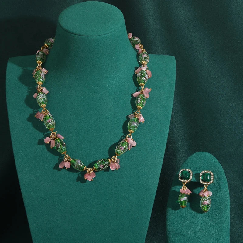Pink Bowknot Jewelry Set Bride Natural Stone Crystal Necklace Earrings For Women Green Glass Beads Sweet Collar Accessories 2025