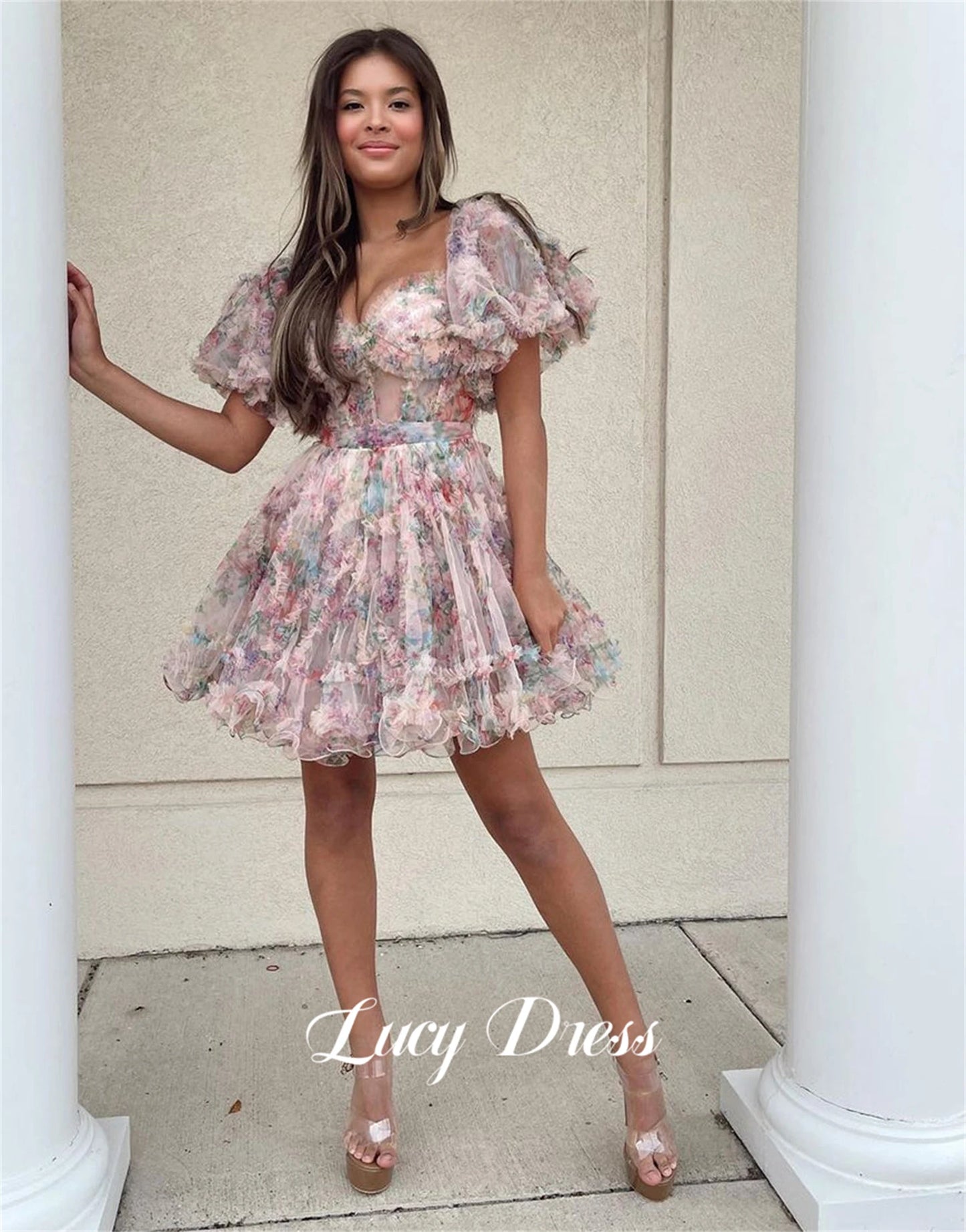 Lucy Customized Floral Fabric Elegant Womens Party Dresses Women 2025 Graduation Gown Robes De Cocktail Women's Dress Mini Skirt