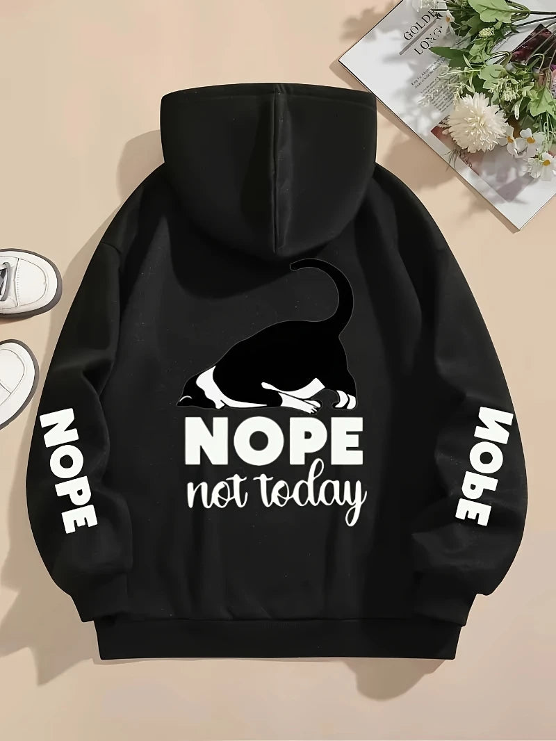 カジュアルレディースパーカー「Nope Not Today」キュートな猫プリントプルオーバー、ゆったりポケット付き暖かいフリーススウェットシャツ、秋冬レディース服