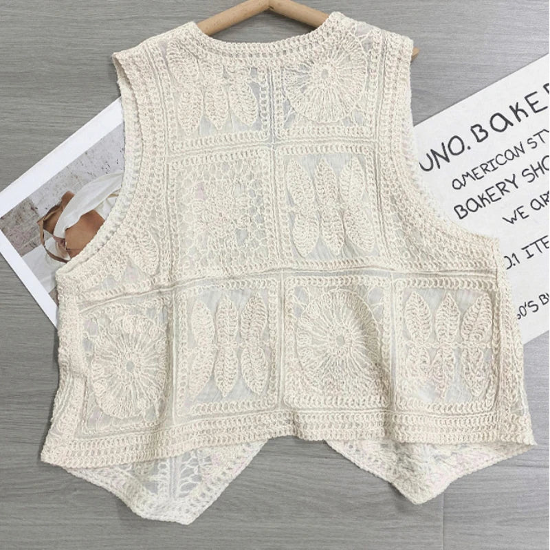 Vintage Cotton Sleeveless Crochet Vests Jackets For Women Tank Tops Summer Loose Boho Beach Cover Up Casual Women's Blusas