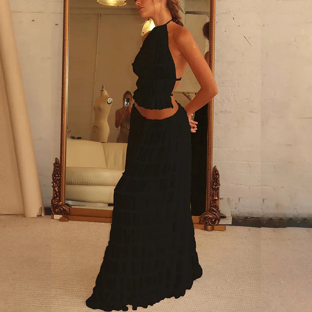 2024 Summer Party Elegant Women Beach Skirt Suit Sleeveless Backless Cropped Halter Lace Up Tops And Long Skirts Two Piece Sets