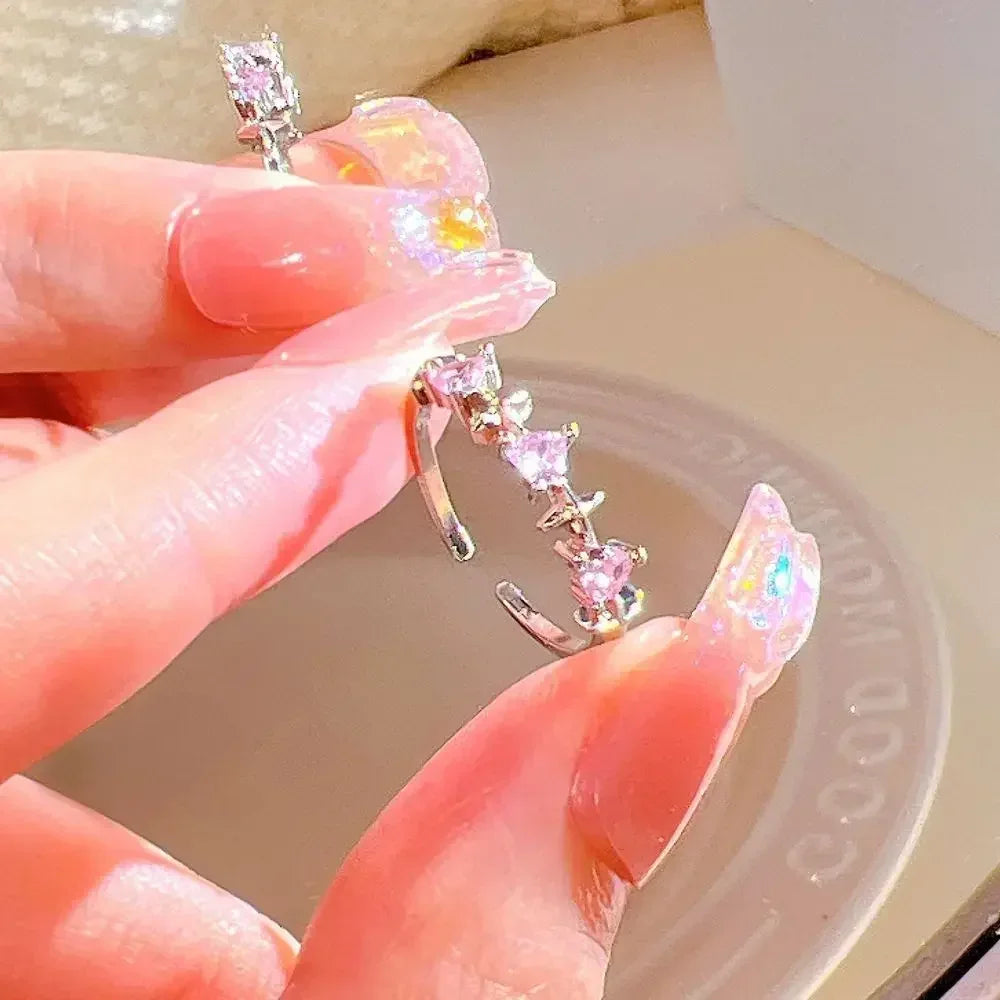 Adjustable Crystal Rings Y2K Pink Irregular Geometry Vintage Bowknot Heart Ring Set for Women Girl 2023 New Fashion Jewelry Gift