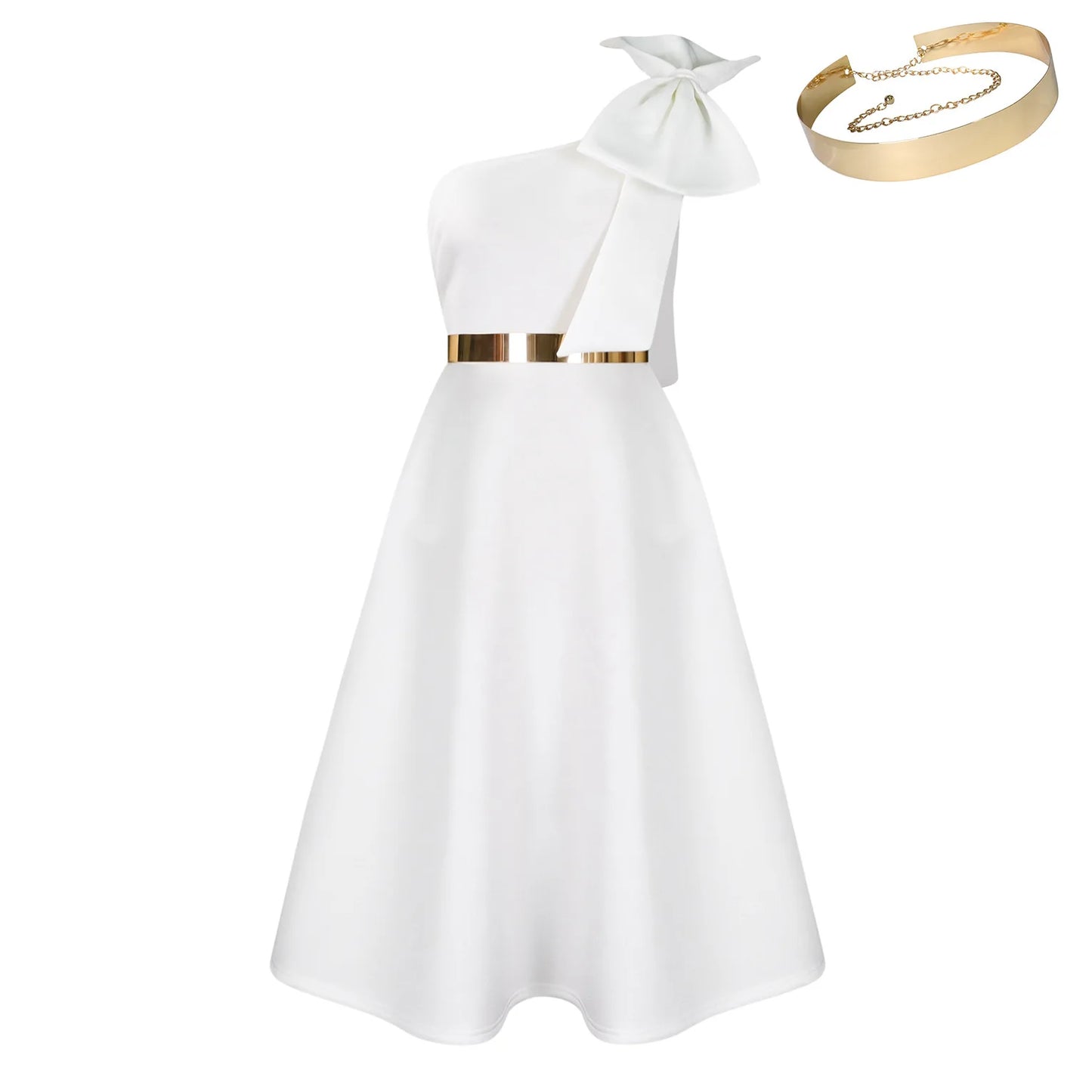 French One Shoulder A Line Pleated Birthday Party Dresses Women Bow Sleeveless Belt Large Skirt Elegant Women's Party Dress