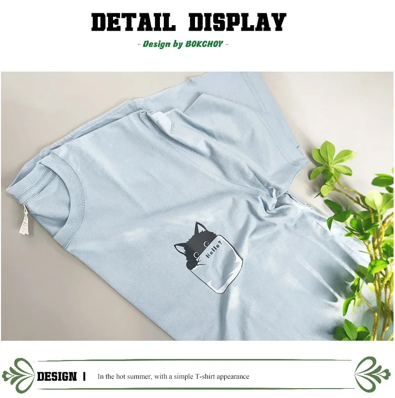 2024 Summer New Pure Cotton Cat Printed Men T-shirts Short Sleeve Casual Solid Color Simple Thin Men Tops BOK0121