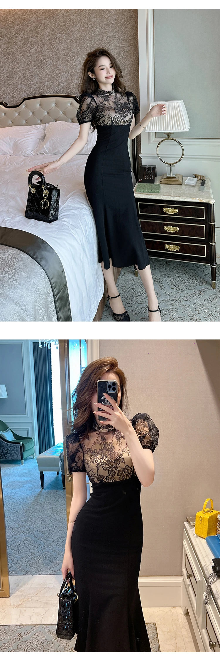 Elegant Style Long Dress Women Retro Chic Sexy Black Sheer Lace Spliced High Waist Fishtail Robe Femme Party Prom Vestidos Mujer