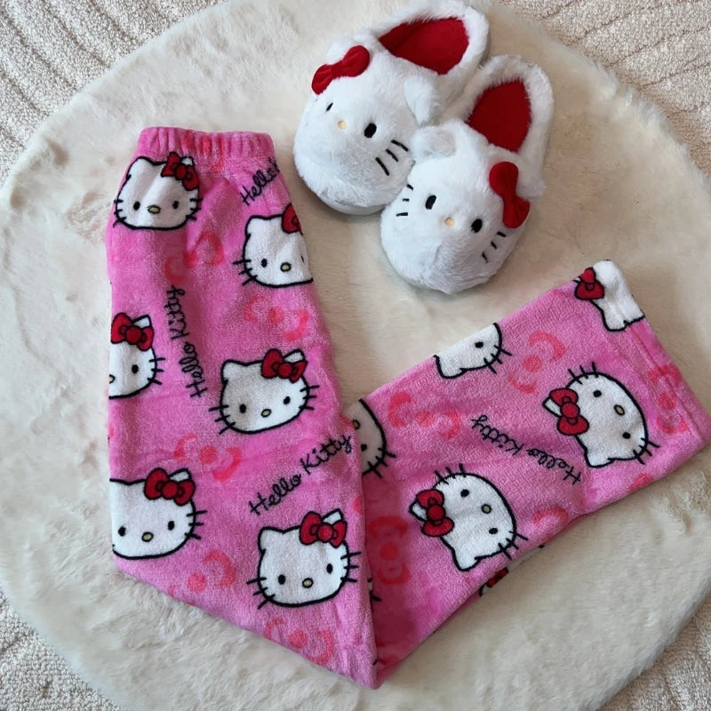 2024 New Sanrio Hello Kitty Kuromi Flannel Pajamas Warm Pants Female Winter Fleece Casual Homewear Pants Leisure Wear Girl Gift