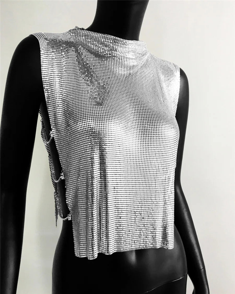 セクシーなメタルスパンコールのバックレスパーティークロップトップレディースシャイニータートルネックTシャツ調節可能なラインストーンチェーンナイトカルブフェスティバルタンクトップ