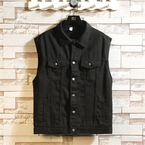2025 Men's Spring/Summer Autumn Denim Vest Jacket Teenagers Black Leisure Hooded Vests Coat Plus Size Waistcoat M-5XL