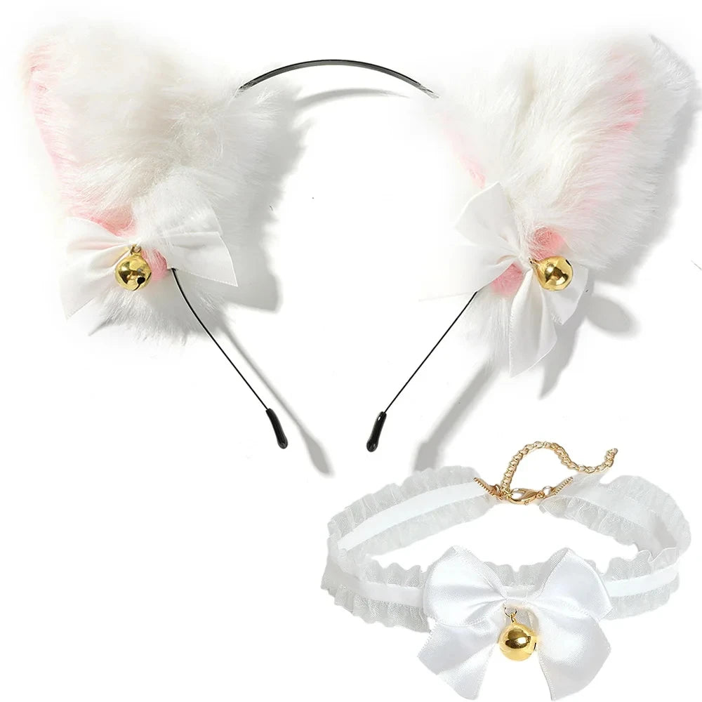 2Pcs Sexy Cat Ears Women Plush Bell Headband with Bell Heart Neckchain Cosplay Masquerade-Party Costume Hair Accessories