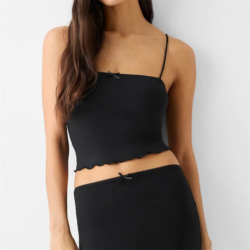 Lamuusaa Sexy Crop Tops Women 2024 Solid Color/Graphic Print Spaghetti Strap Sleeveless Camisole with Bow Summer Streetwear