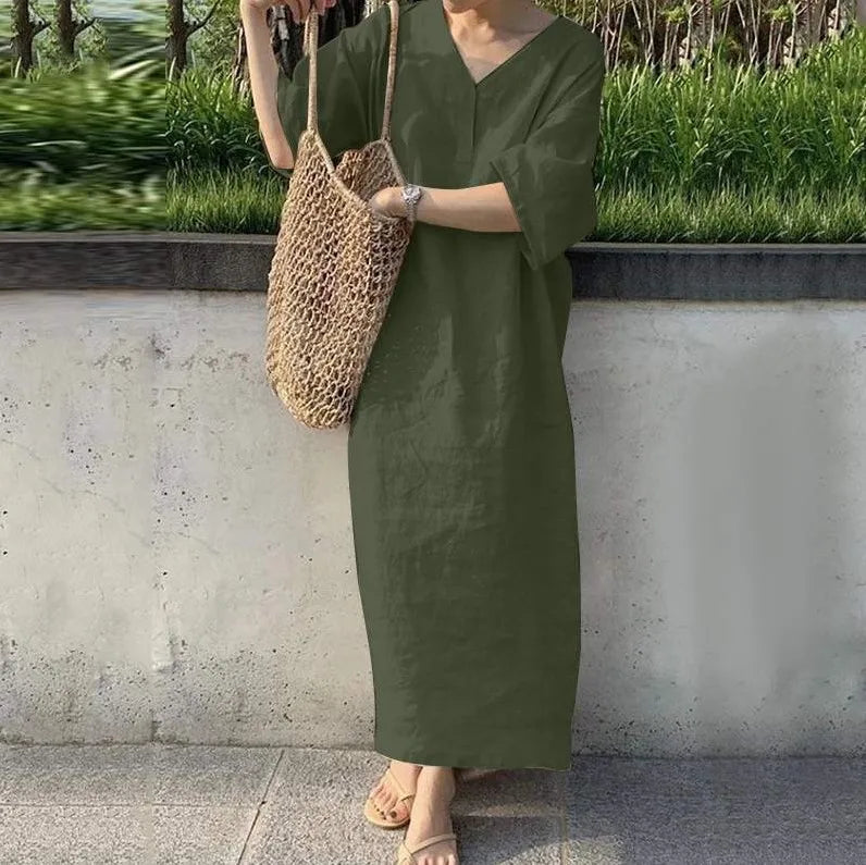 Women V Neck Button Short Sleeve Loose Maxi Dresses Summer Casual Female Holiday Beachwear Solid Color Cotton Linen Party Dress