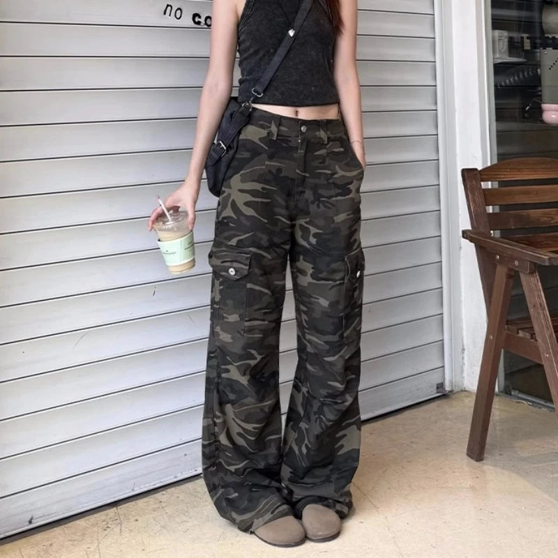 アメリカンレトロ カモフラージュ ゆったりストレートレッグ ワークパンツ レディース ストリートデザイン センセーション デニム ハイストリート ロングジーンズ