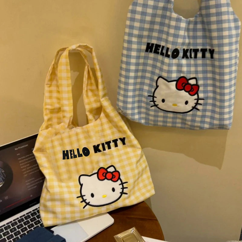 Cartoon Sanrio Hello Kitty Plaid Handbag Commuting Light Portable Summer Storage Shoulder Handbag High Capacity