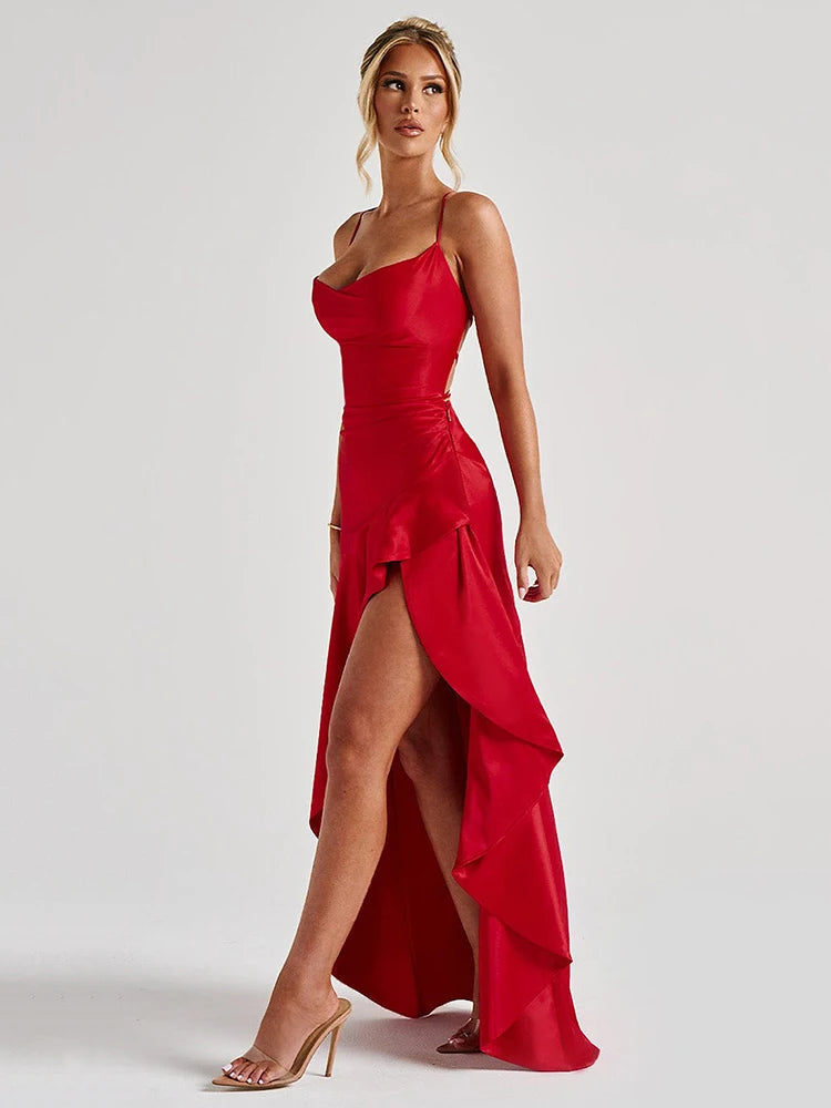 Articat Elegant Spaghetti Strap Satin Split Maxi Dress Women Sexy Backless Bodycon Party Evening Dress Summer Holiday Beachwear