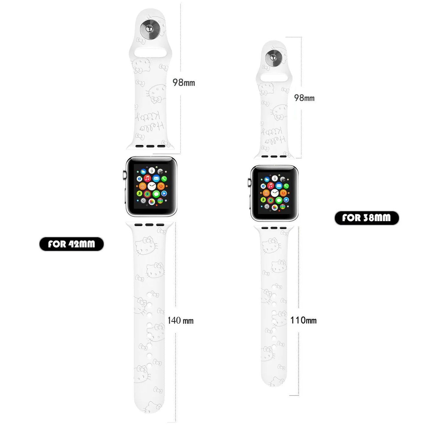 ハローキティとスティッチのシリコンバンド、Apple Watch用、38-45mm、Saniro製、3Dレーザー彫刻、iWatchシリーズSE、7、5、6、8、9、Ultra 2対応