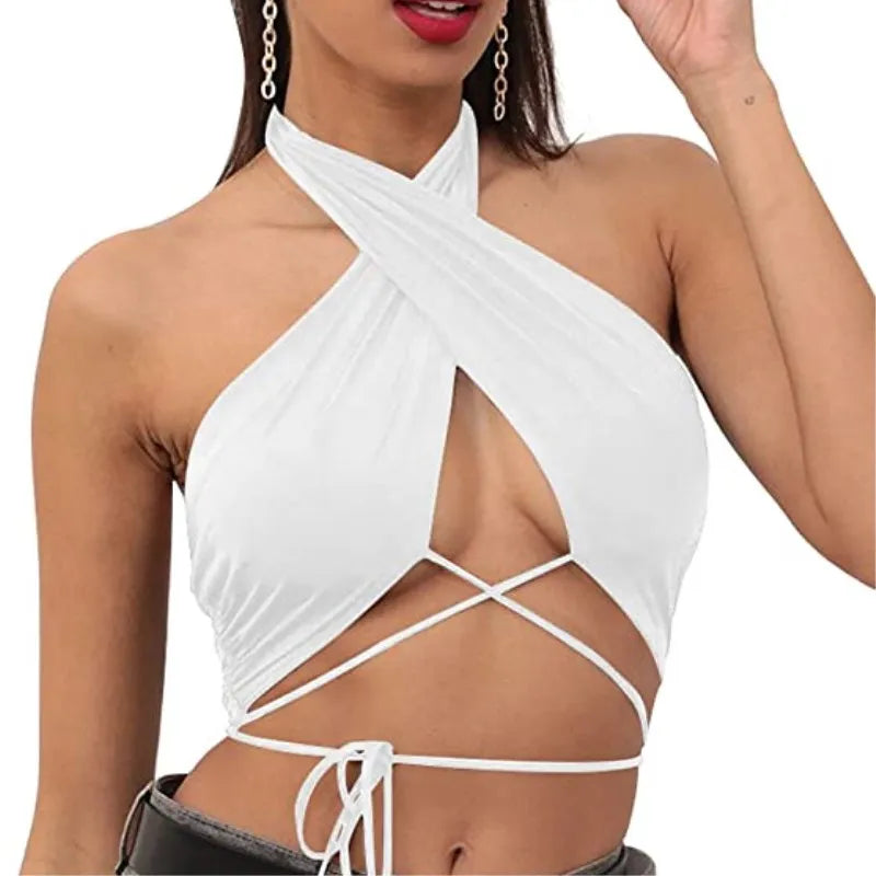 Y2K Women’s Sexy Tops 2023 New Sexy Solid Fitted Halter Backless Crop Tops Summer Party Women Sleeveless Vest