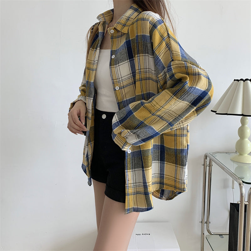 Women Tartan Shirt Long Sleeve Collared Button Up Oversized Plaid Shirt Jacket Grunge Fashion Teenage Girl Spring Summer Outfit